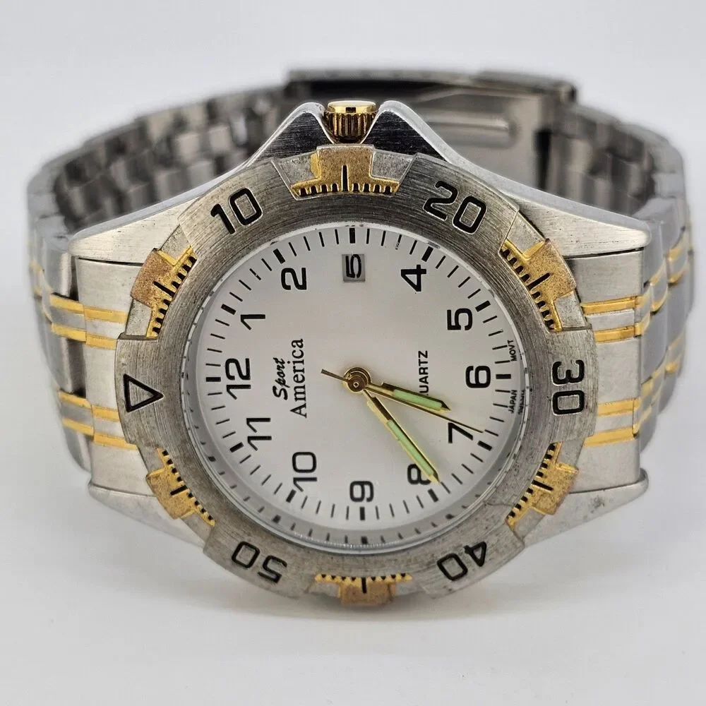 Men’s Sport America Watch 39MM White Dial Date Gold Gray Band 7.5